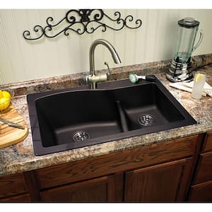 Drop-In/Undermount Granite 33 in. 1-Hole 60/40 Double Bowl Kitchen Sink in Nero