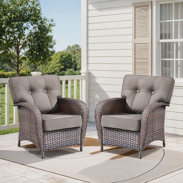 Modern Seaside Series 2-Piece Patio Wicker Outdoor Lounge Chair with Gray Cushions