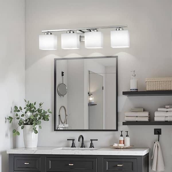 31 in. 4-Light Nickel Vanity Light, Modern Square Wall Fixture with Milk White Glass Shades for Bathroom