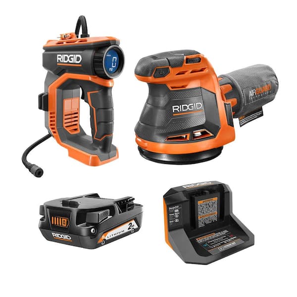RIDGID 18V Cordless High Pressure Inflator Kit with 2.0 Ah Battery, Charger, and 5 in. Random Orbit Sander