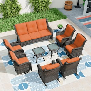 9-Pieces Patio Furniture Set Outdoor Wicker Sectional Sofa with Orange Cushions and Glass Top Coffee Table