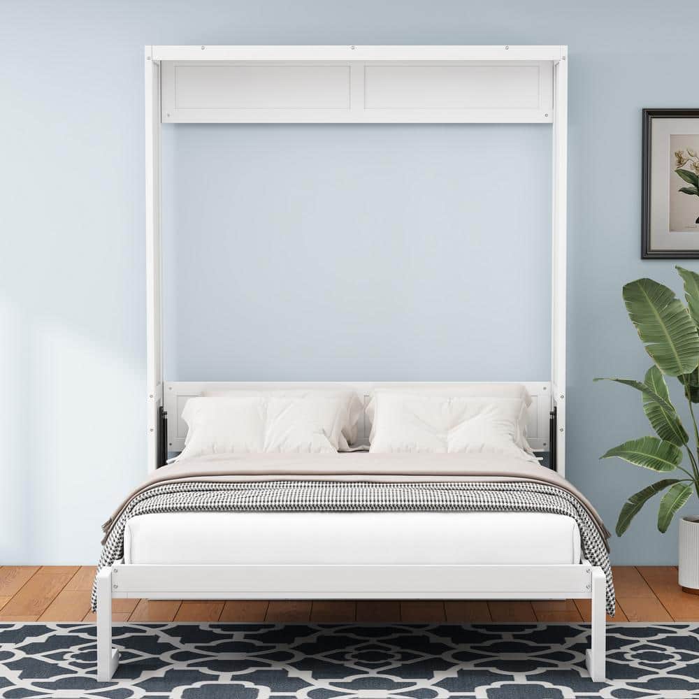 White Wood Frame Full Size Murphy Bed, Folding Wall Bed with Desktop - thumbnail 8