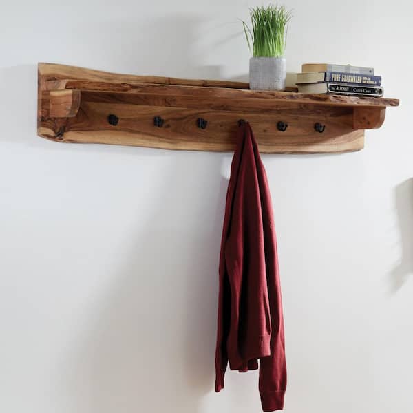 Alaterre Furniture Alpine Natural Live Edge Wood 48 in. Coat Hooks with Shelf