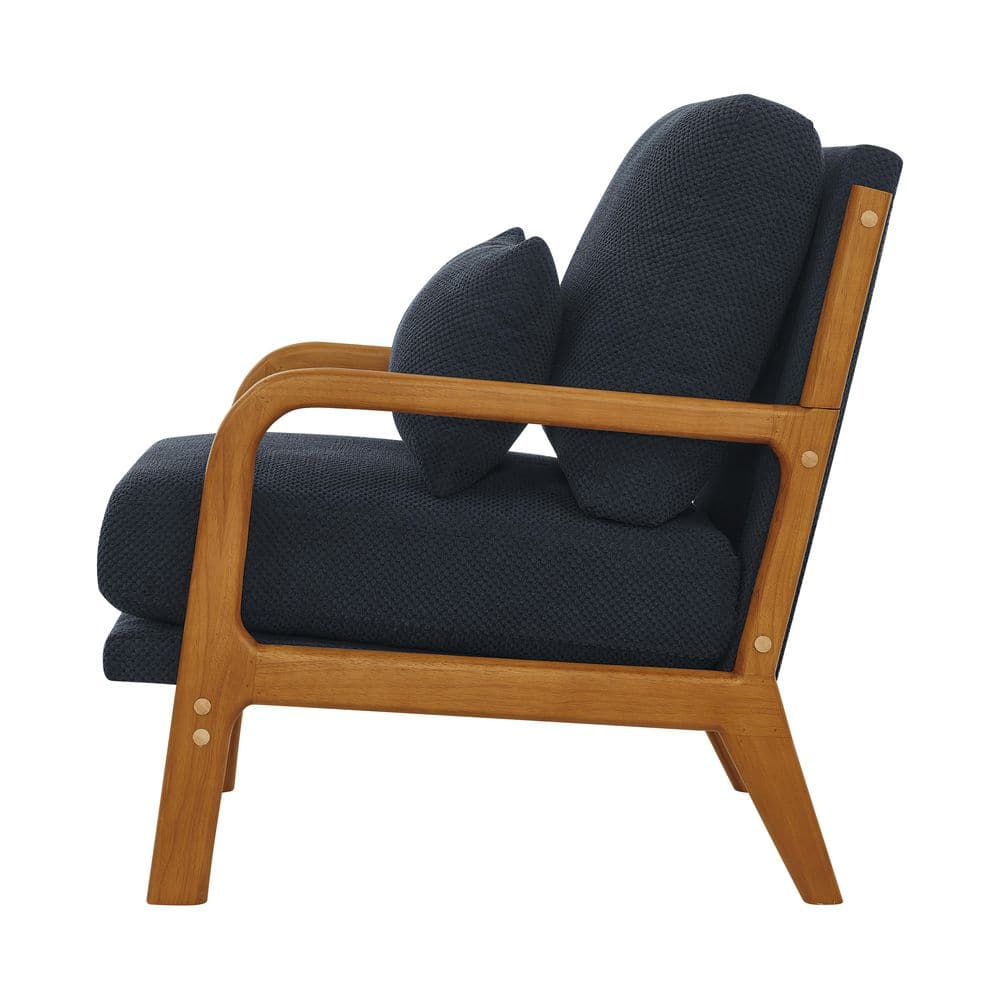 Side view of a black upholstered arm chaise lounge with a natural wood frame.