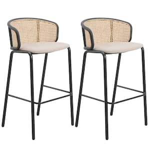 Ervilla Modern 29.5 in Wicker Bar Stool with Fabric Seat and Black Powder Coated Metal Frame, Set of 2 (Beige)