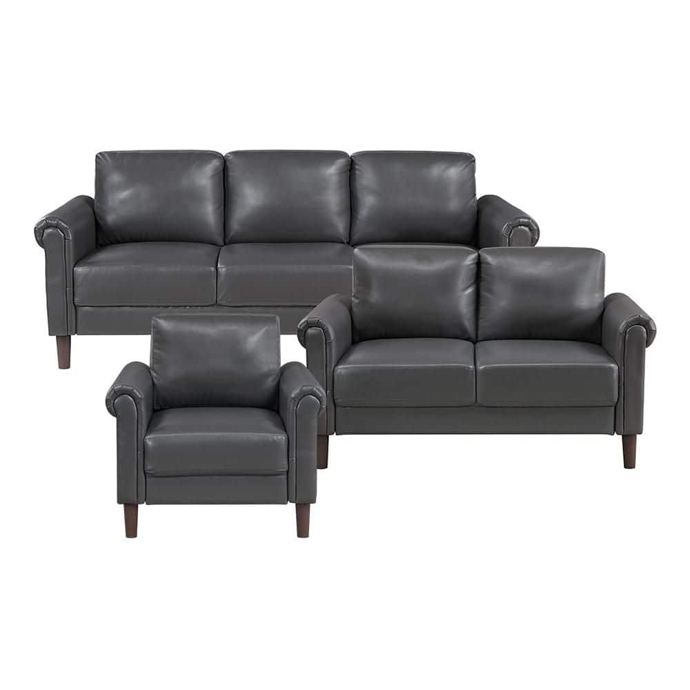 Walterboro 79 in. W Rolled Arm Faux Leather Rectangle 3-Piece Living Room Sofa Set in Dark Gray price history on PriceWatchPro