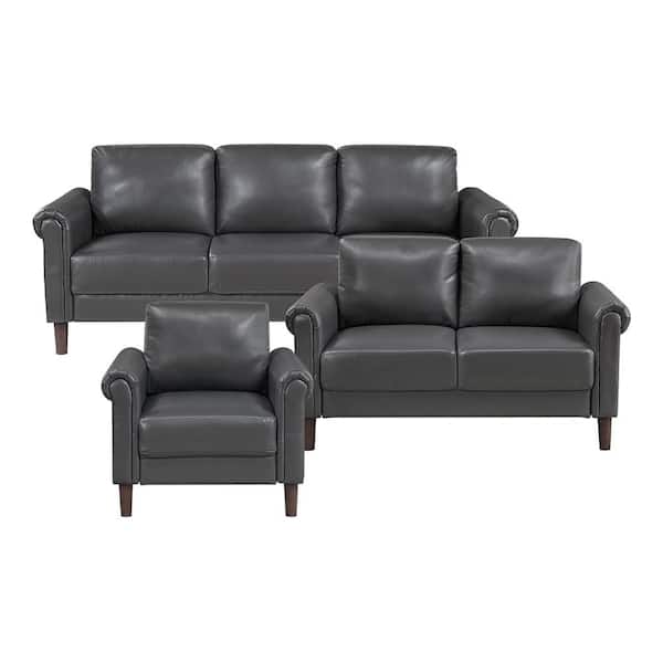 Walterboro 79 in. W Rolled Arm Faux Leather Rectangle 3-Piece Living Room Sofa Set in Dark Gray