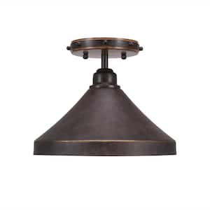 London 8 in. 1 Light Wood-look Metal and Brown Industrial Semi-Flush Mount with 10" Brown Metal Shade No Bulb Included