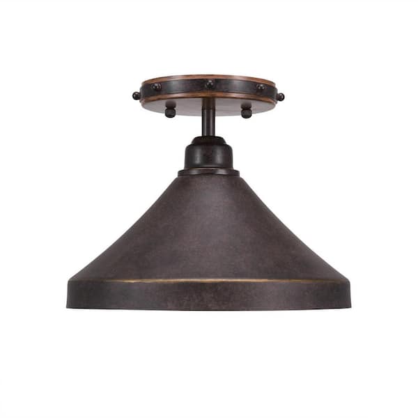 Unbranded London 8 in. 1 Light Wood-look Metal and Brown Industrial Semi-Flush Mount with 10" Brown Metal Shade No Bulb Included