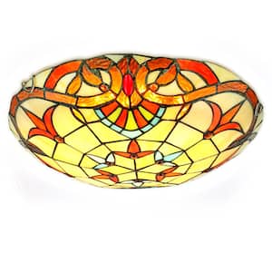 11.81 in. 2-Light Multi Color Tiffany Style Flush Mount Ceiling Light with Stained Glass Shad and No Bulbs Included