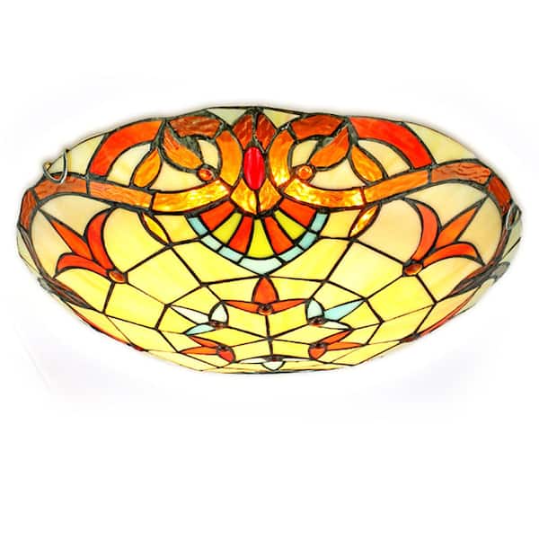 OUKANING 11.81 in. 2-Light Multi Color Tiffany Style Flush Mount Ceiling Light with Stained Glass Shad and No Bulbs Included