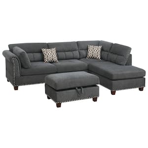 Gusty 3-Piece Slate Gray Velvet Fabric 4-Seater Reversible L-Shape Sectional Set with Storage Ottoman