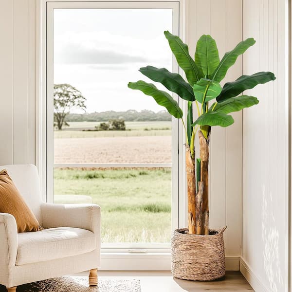Garvee 5ft Artificial Banana Tree with Grey Planter and 11 Faux Banana Leaves - Perfect for Home Office and Living Room Decor