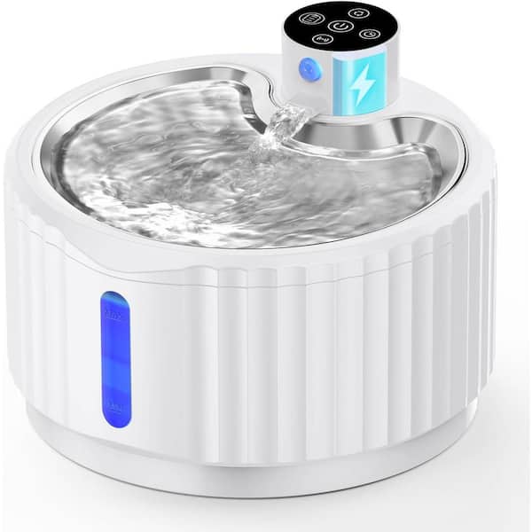 Wireless Cat Water Fountain 95 oz. Battery Operated Pet Fountain Stainless Steel Tray Motion Sensor Quiet Pump White