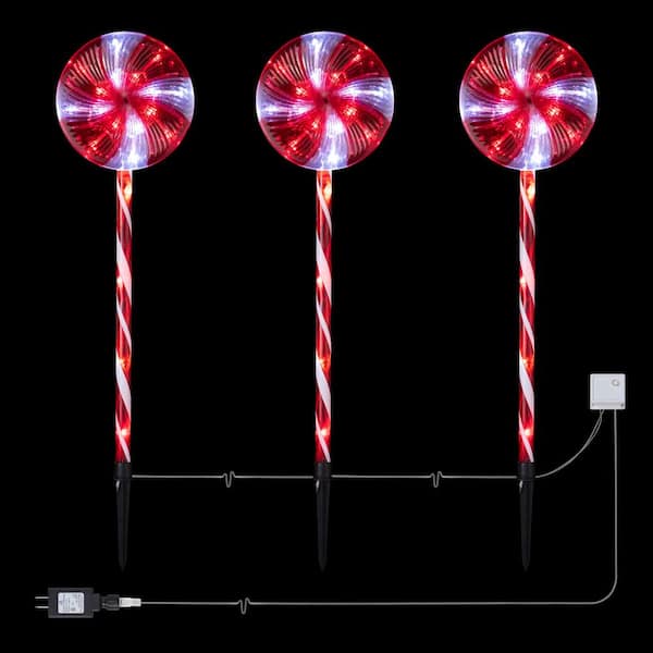 Alpine Corporation 28 in. Tall Candy Cane Pathway with Red and White LED Lights, Set of 3