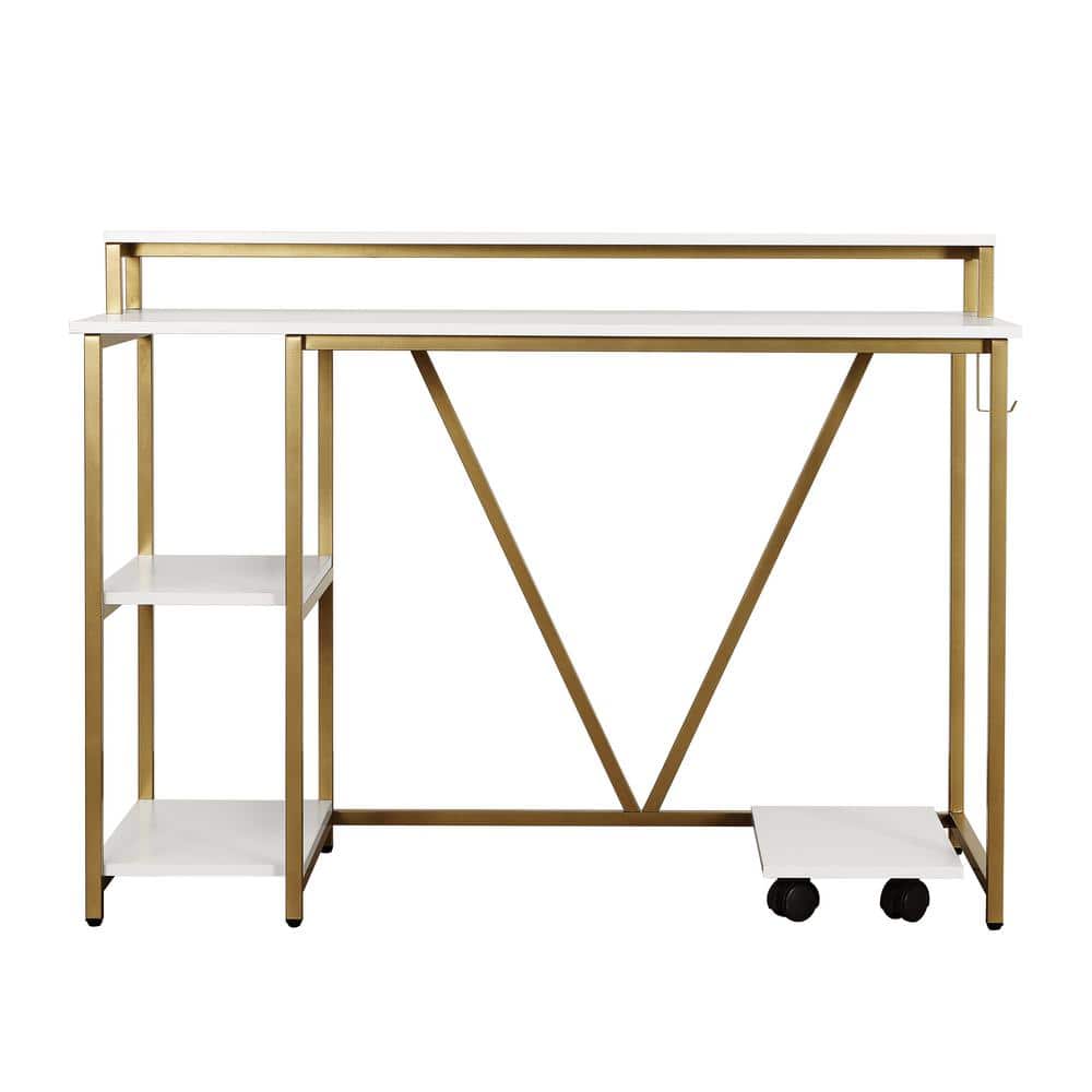Modern Industrial Gold and Wood Writing Desk with Elevated Shelves