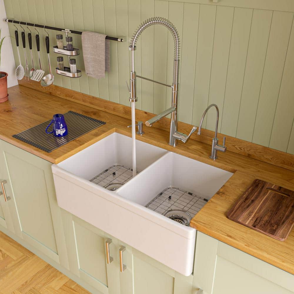 White 32" Double Bowl Fireclay Farmhouse Kitchen Sink