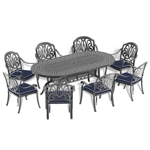 Willit Elizabeth 9-Piece Cast Aluminum Outdoor Dining Set with 82.87 in. x 42.13 in. Oval Table and Random Color Cushions