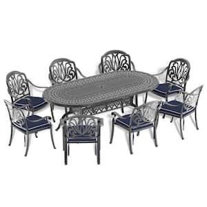 Elizabeth Black 9-Piece Cast Aluminum Outdoor Dining Set with Oval Table and Dining Chairs and Random Color Seat Cushion