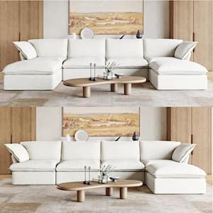 163 in. Free Combination Overstuffed Down Filled Comfort Linen U-shape 6-Seat Sofa Modular Sectional with Ottoman, White