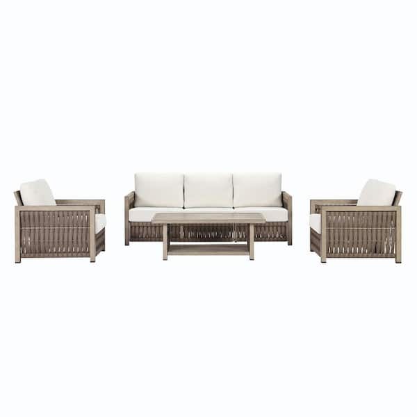 Brown 4-piece Woven Rope Alluminum Outdoor Patio Conversation Set with Rectangular Coffee Table and Cream Cushions