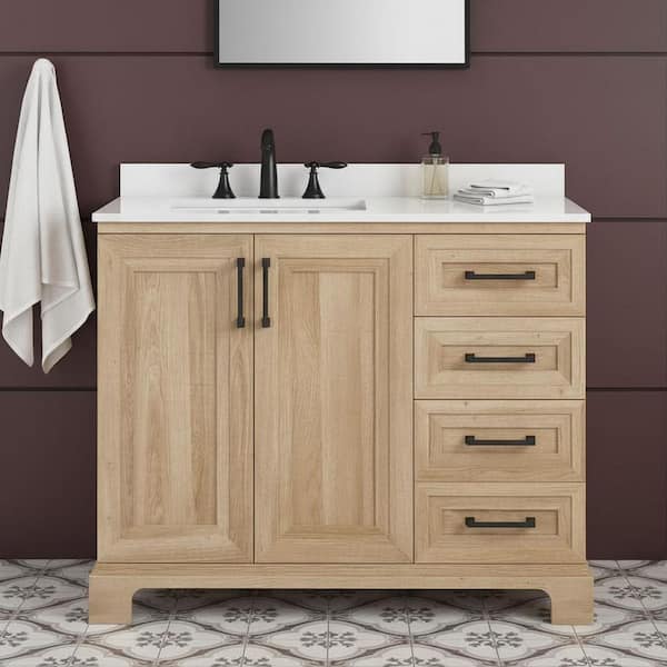 Sinita 42 in. Single Sink Weathered Tan Bath Vanity with White Engineered Stone Top (Assembled)