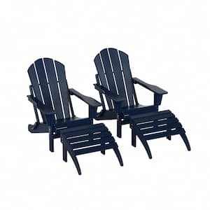 Laguna Outdoor Patio 4 Piece Set Traditional HDPE Plastic Folding Adirondack Chairs with Footrest Ottomans in Navy Blue
