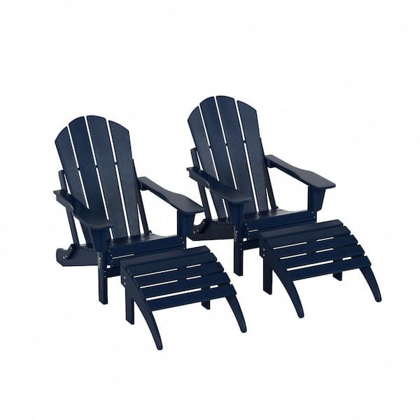 Laguna Outdoor Patio 4 Piece Set Traditional HDPE Plastic Folding Adirondack Chairs with Footrest Ottomans in Navy Blue