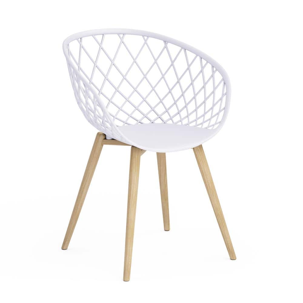 Modern White & Natural Wood Contoured Arm Chair, Set of 2