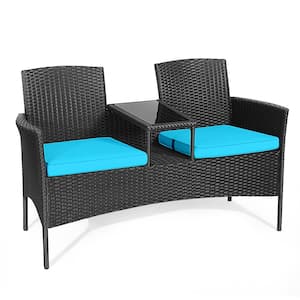 3-Pieces Rattan Wicker Patio Conversation Set with Table Turquoise Cushion