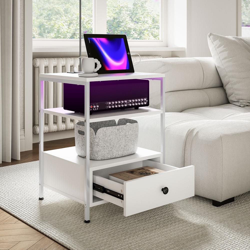 White Particleboard End Tables with Charging Stations and LED Lights