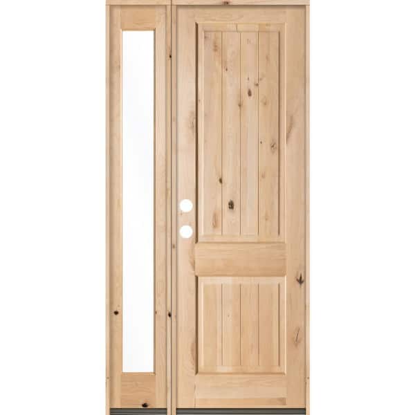 Krosswood Doors 44 in. x 96 in. Rustic Unfinished Knotty Alder Sq-Top VG Right-Hand Left Full Sidelite Clear Glass Prehung Front Door
