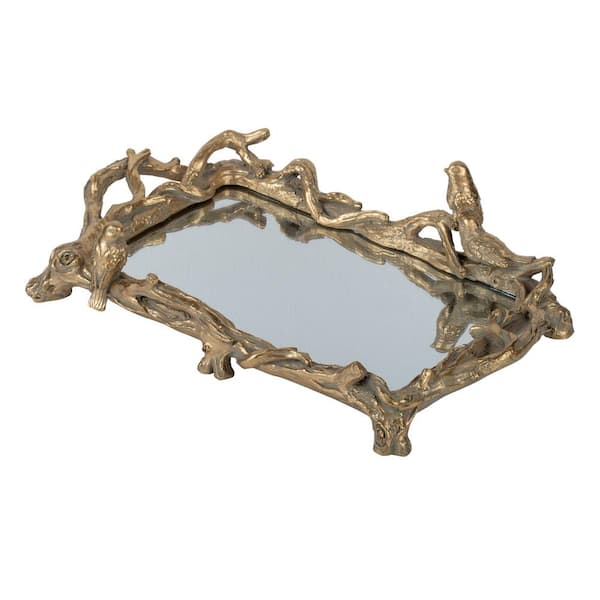 A & B Home Gold Mirrored Tray with Birds Accent