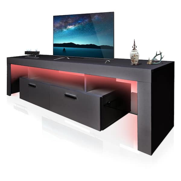 CSC DECOR INC Black TV Stand Fits TV's up to 75 in. with LED Lights 63 in. Entertainment Center TV cabinet with Storage and Drawers