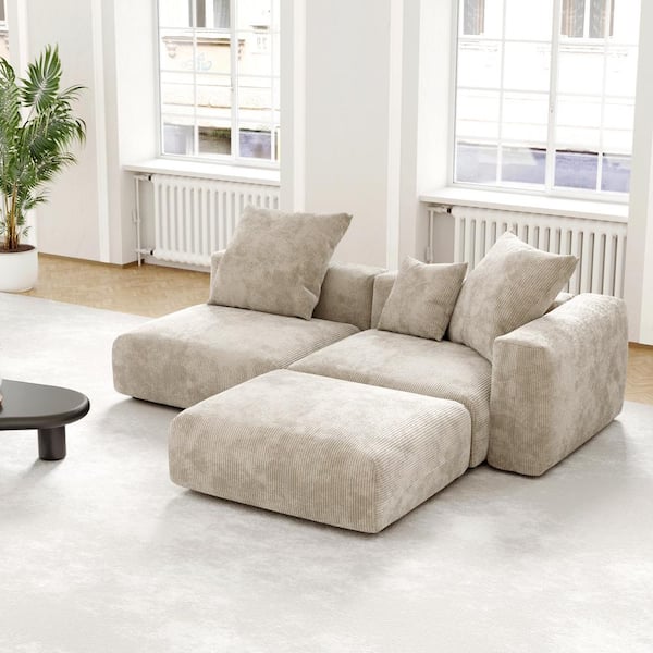 Magic Home 130 in. Square Arm Oversized 3-Piece Deep Seat Corduroy Modular Grand Sectional Sofa Rearrangeable Couch in Beige