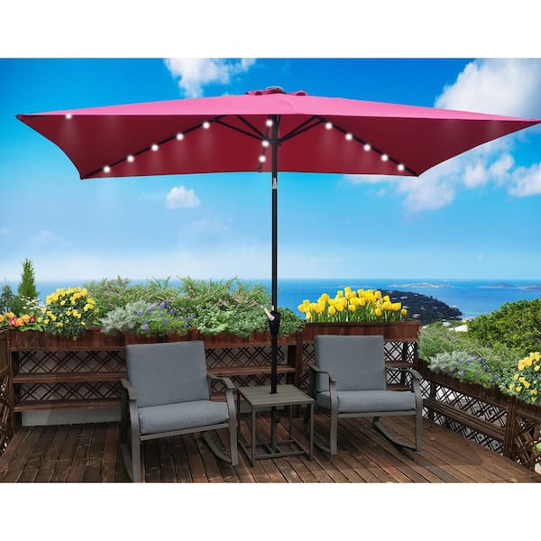 Cesicia 10 ft. x 6.5 ft. Steel Outdoor Rectangular LED Market Patio Umbrella in Burgundy with Push Button Tilt and Crank