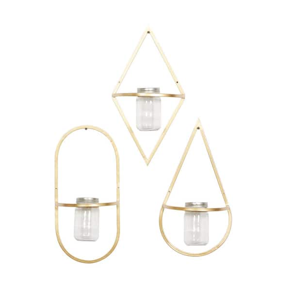 CosmoLiving by Cosmopolitan Metal Gold Geometric Wall Decor with Glass Holder (Set of 3)