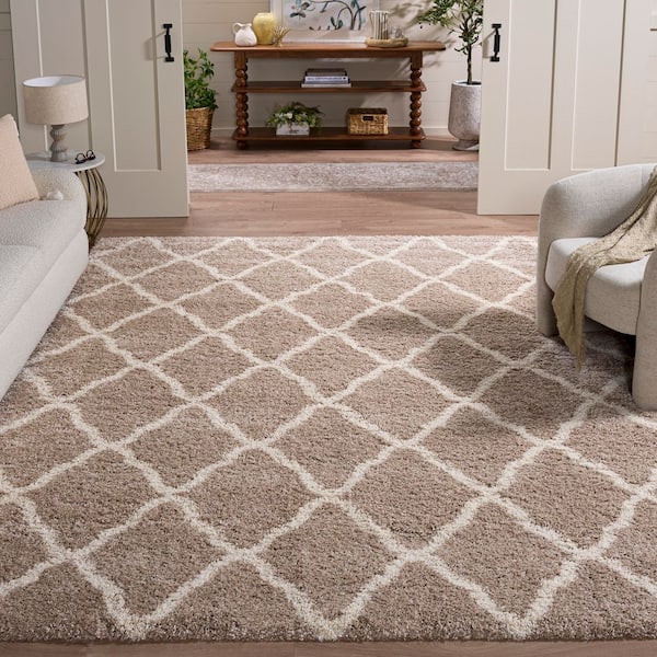 Hudson Shag 10 ft. x 14 ft. Beige/Ivory Geometric Diamond Trellis Area Rug