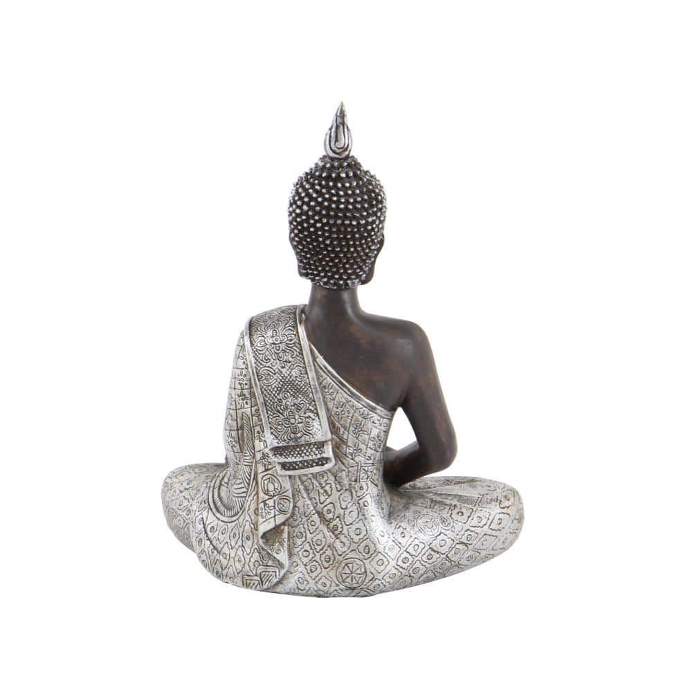 Black and Silver Polystone Meditating Buddha Statue with Engraved Patterns