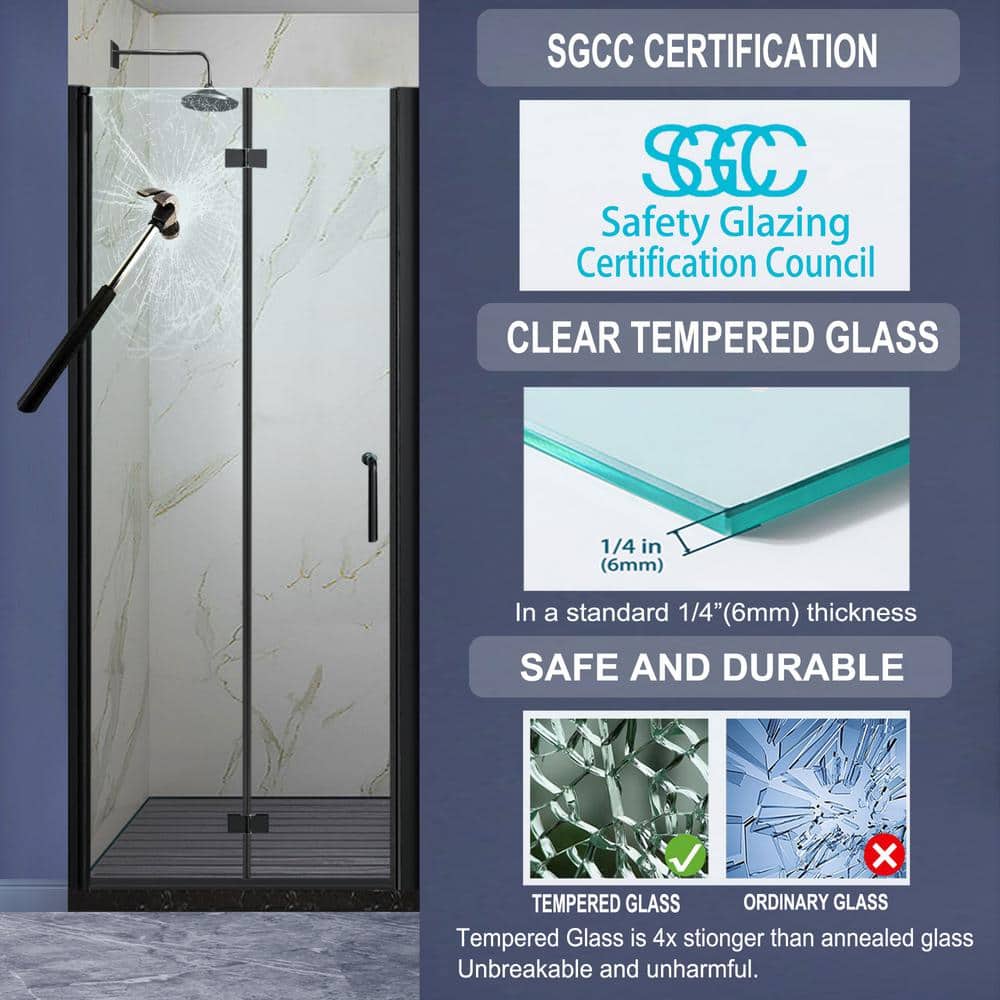 Matte Black Frameless Bifold Glass Shower Door 30" x 72"