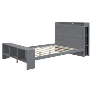 Gray Wood Frame Full Size Platform Bed with Shelves, LED Light and USB ports and Storage Headboard