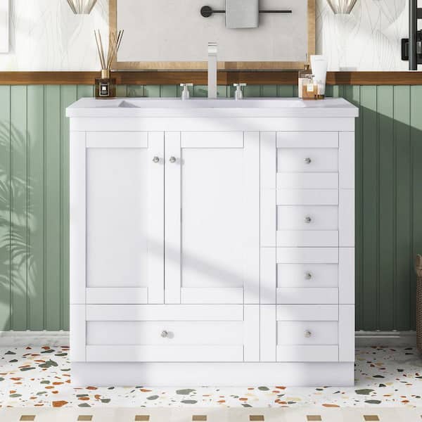 35. 8 in. W x 17. 9 in. D x 34. 5 in. H in Single Sink Freestanding White Bath Vanity, with White Resin Top Basin