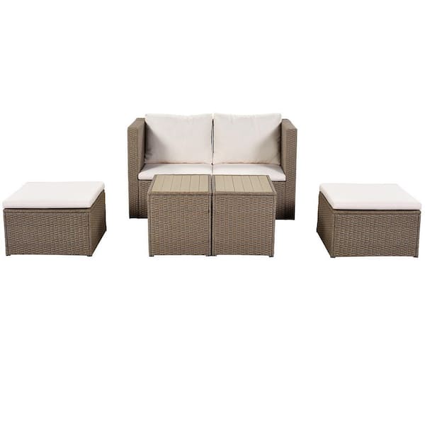 Tunearary 6-Piece PE Wicker Outdoor Conversation Combination Sofa Set with Two Coffee Tables and Beige Cushions