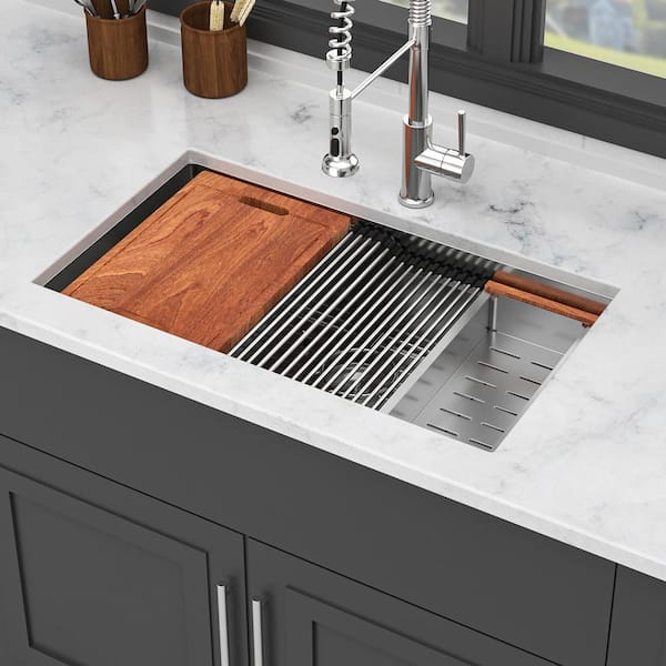 33 in. Undermount Single Bowl 16-Gauge Brushed Nickel Stainless Steel Kitchen Sink with Workstation