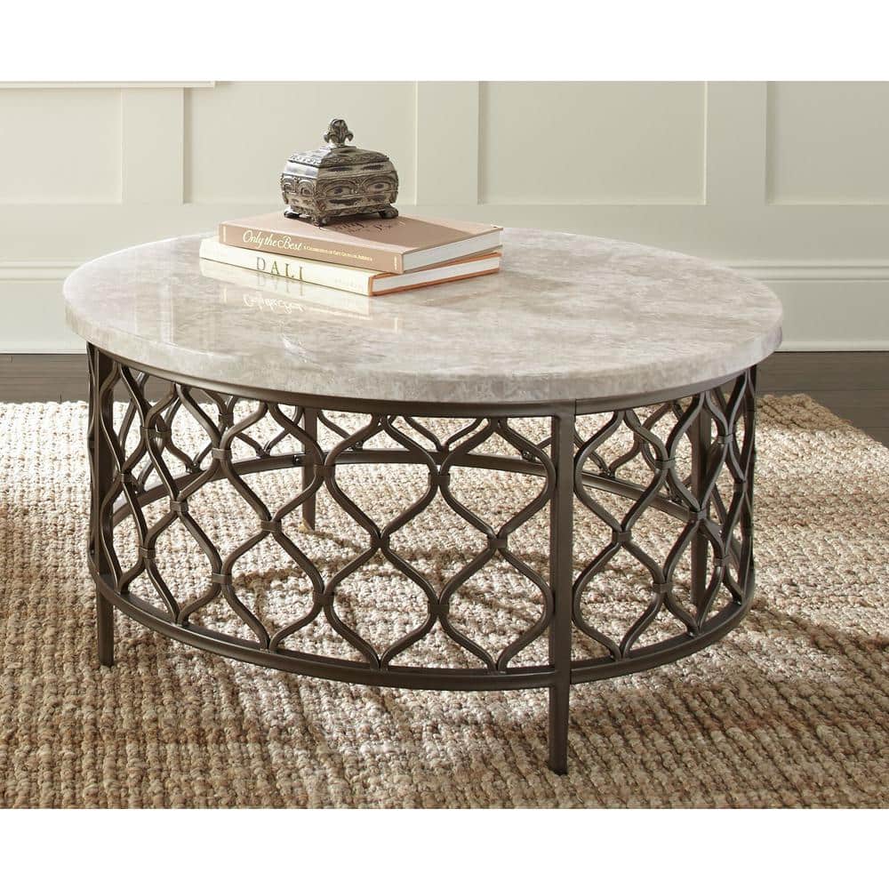 Roland Round White Stone Top Coffee Table with Bronze Metal Base