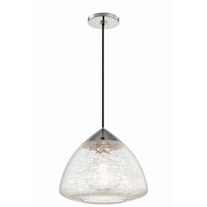 Maya 12 in. 1-Light Polished Nickel Finish Pendant Light with Clear Crackle Glass Shade