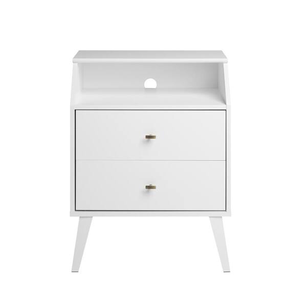 Prepac Milo Mid Century Modern White 2-Drawer Nightstand with Angled Top