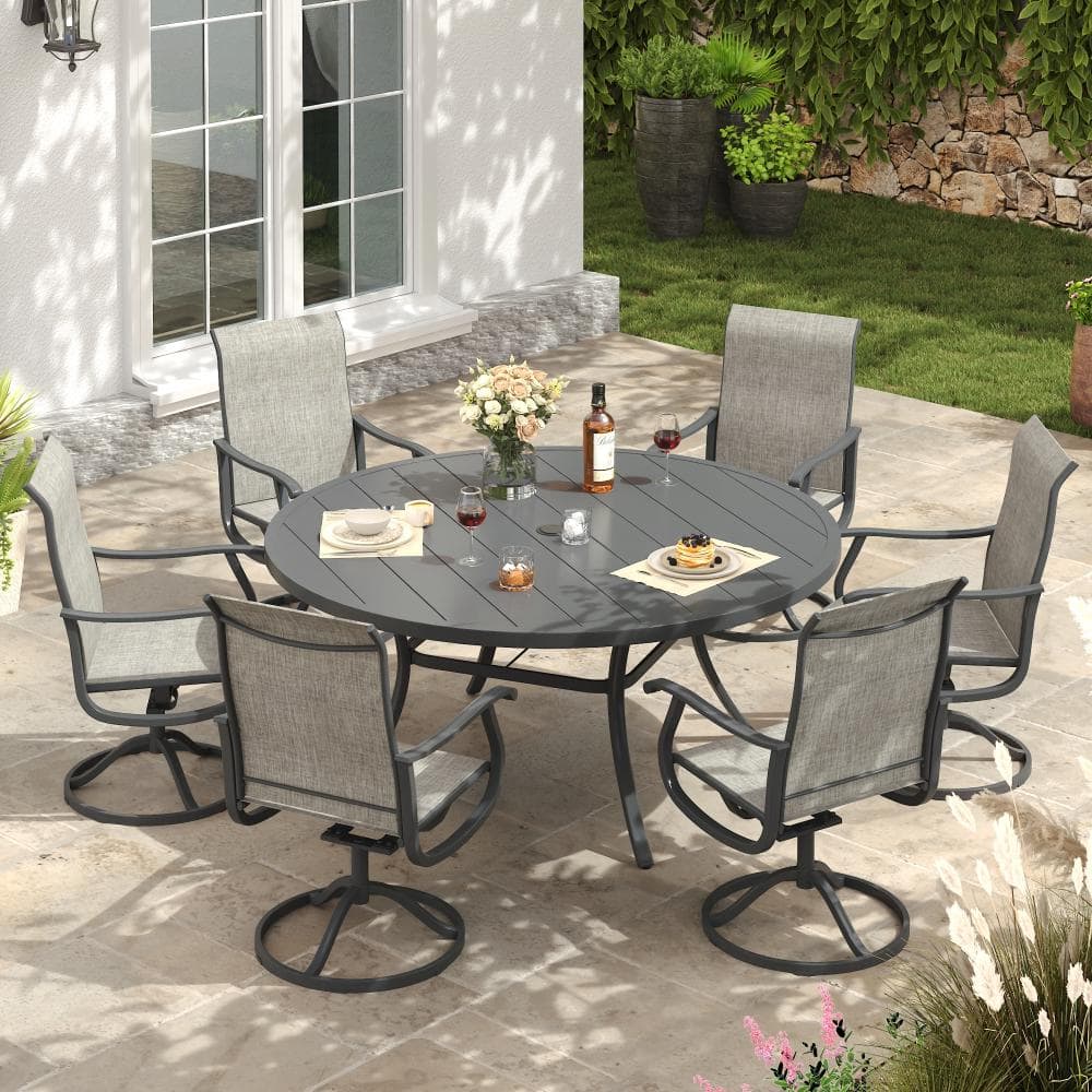7-Piece Metal Outdoor Patio Dining Set with Round Table and High Back Padded Textilene Swivel Chairs in Gray price history on PriceWatchPro