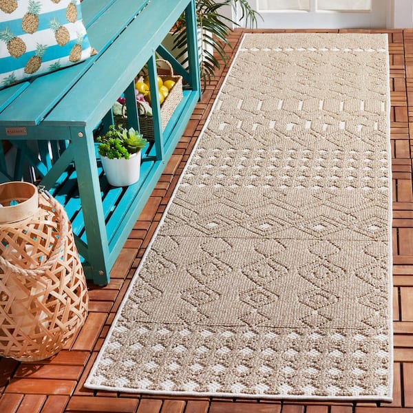 Global Beige/Ivory 2 ft. x 8 ft. Diamond Geometric Indoor/Outdoor Runner Rug