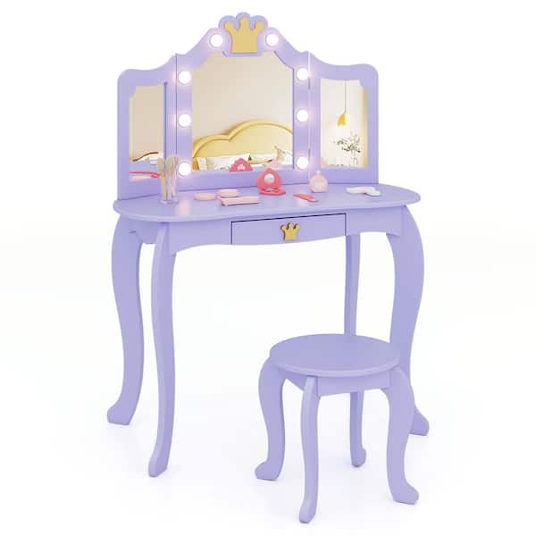 Costway Kids Vanity Set Princess Vanity Table & Chair Set with Lighted Mirror Purple